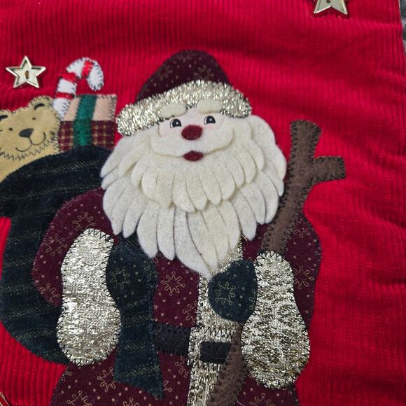 Vintage Old World Santa Red Corduroy Christmas Stocking Applique Star Buttons - Picture 3 of 13